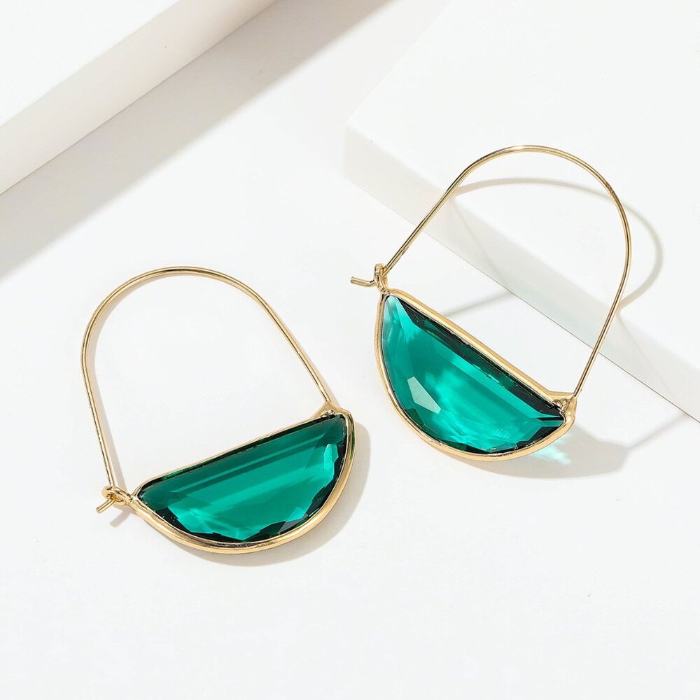 New! Anthropologie Mona Emerald Gold Crescent Earrings (1072) NWOT